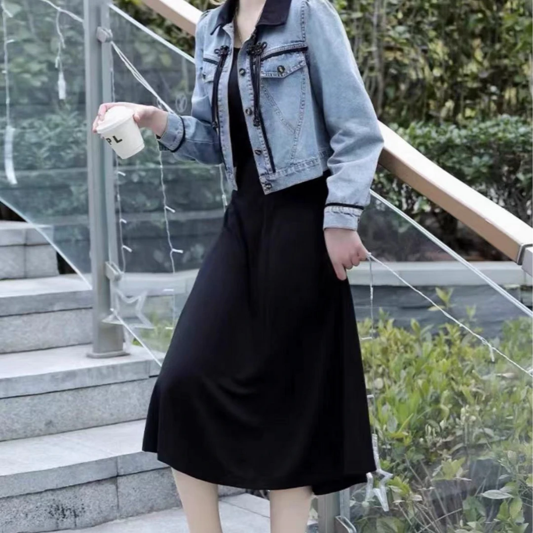 Q376国风牛仔外套吊带连衣裙2024春季新款时尚洋气质两件套套裙