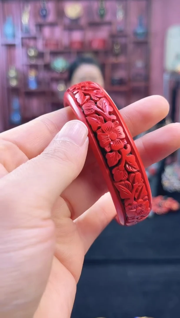非遗 雕漆手镯 红黑 花卉 59