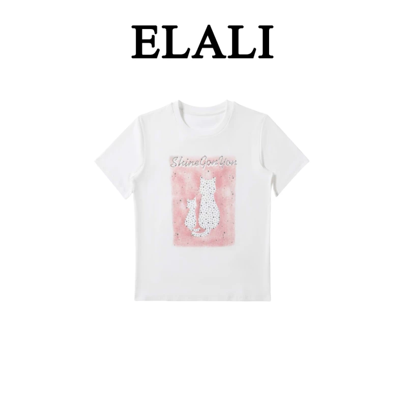 ELALI 爆款夏季女装新款短袖T恤3999白底粉猫
