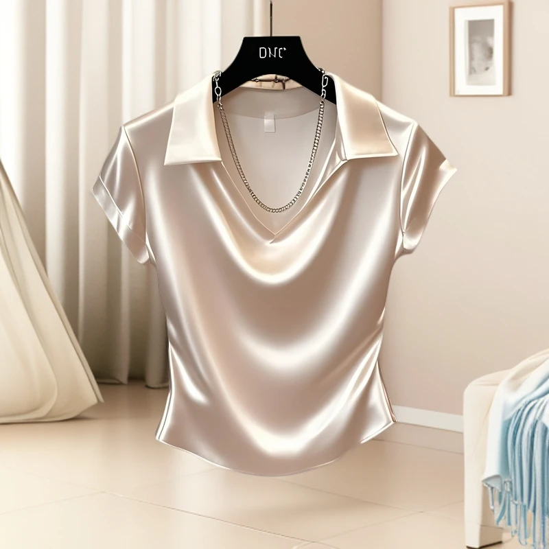 韩系polo翻领设计感正肩短袖T恤女夏季2025新款气质名媛缎面上衣