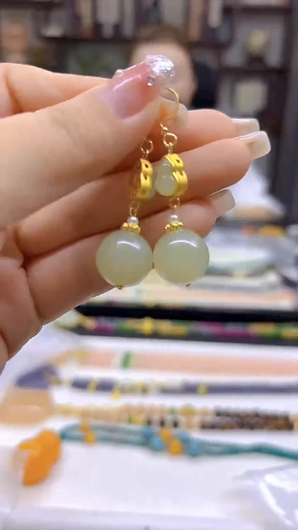 和田玉14K金镶嵌耳饰DIY款E714