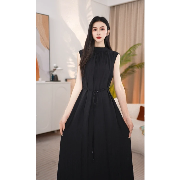 无袖系带长裙夏季长款显瘦极简风连衣裙25B706