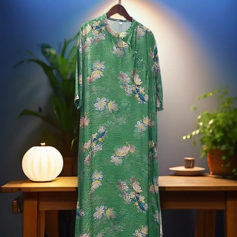 【声名鹊起】大码中袖连衣裙新中式复古改良旗袍中长裙新款女装105