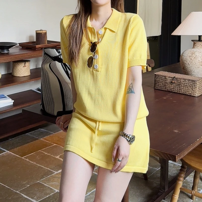 2025气质翻领针织宽松POLO套装夏季休闲时尚高端百搭显瘦修身套装