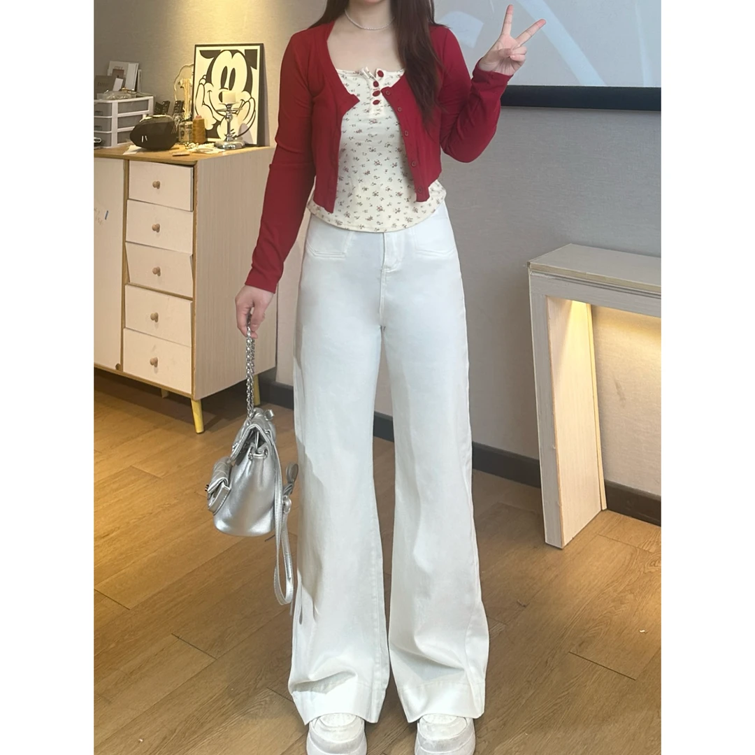 《珠珠定制》不贴腿白色高腰牛仔裤女春季新款梨形遮胯垂感阔腿裤