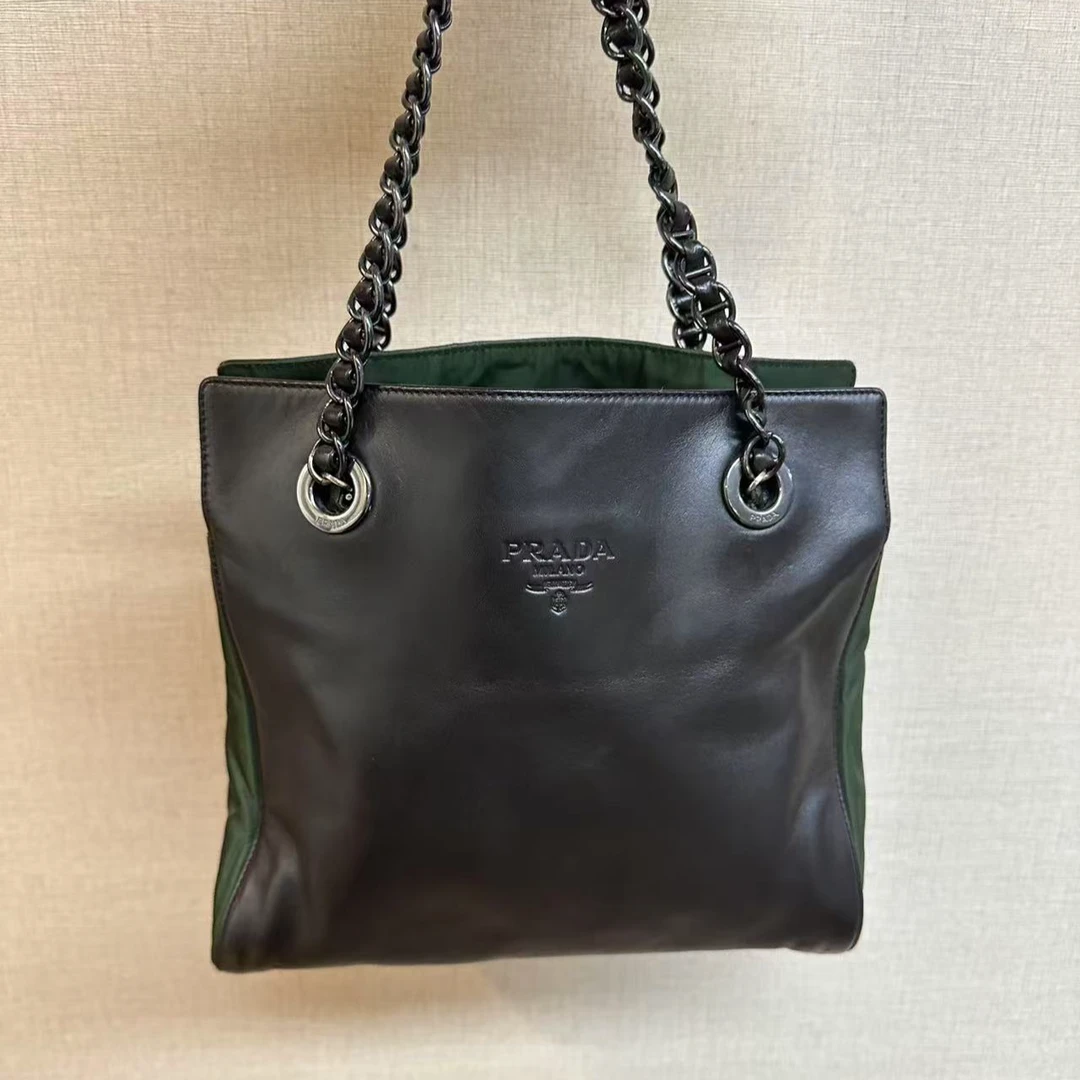 95新 Prada/普拉达 黑色羊皮拼尼龙链条包/云海优选/H02242