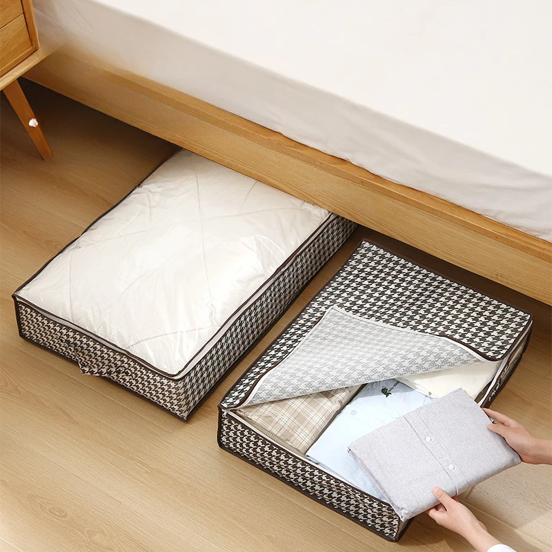 床底收纳袋布艺千鸟格衣服被子防尘收纳包大容量可视家用棉被收纳