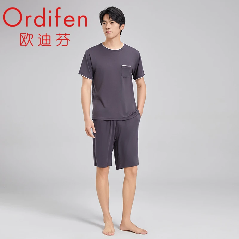 欧迪芬 夏季圆领薄款短袖家居服套装睡衣长裤亲肤透气72438