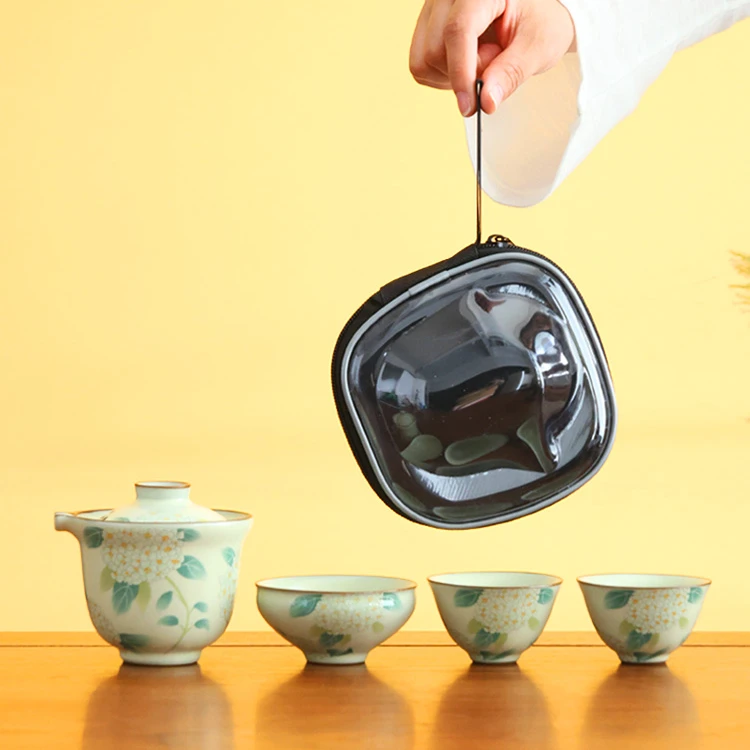 复古汝窑绣球花一壶三杯旅行茶具户外便捷式快客杯4292