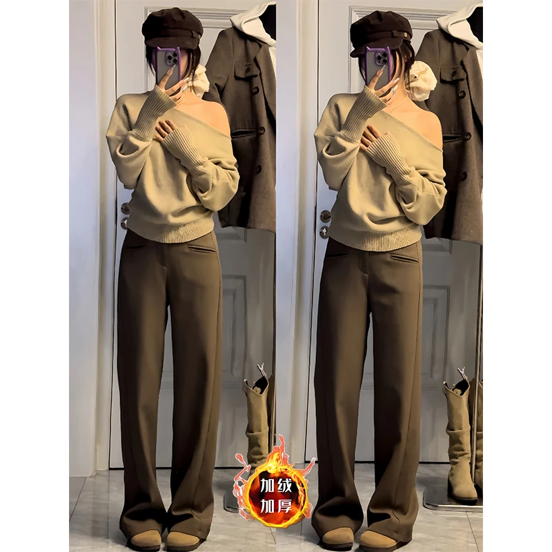 加绒加厚黑色西装裤女秋冬设计感高腰宽松垂感休闲裤阔腿裤拖地裤