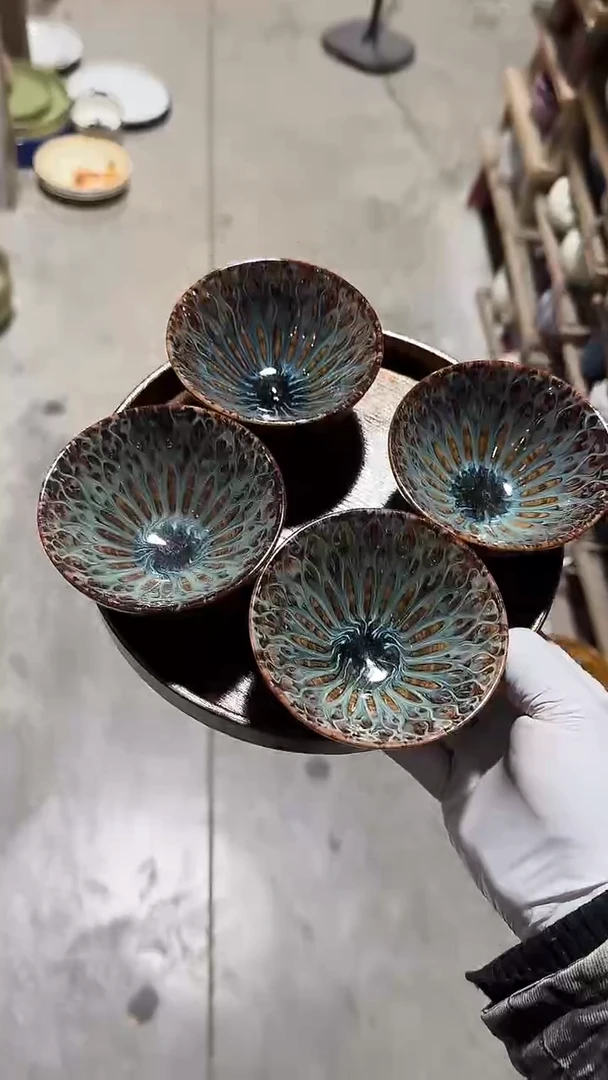 陶瓷4个窑变小碗不带木托盘微瑕 凑满20元包邮