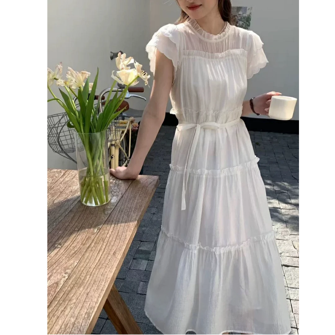 法式花边圆领小飞袖连衣裙女2025夏季新款收腰显瘦小个子蛋糕裙子