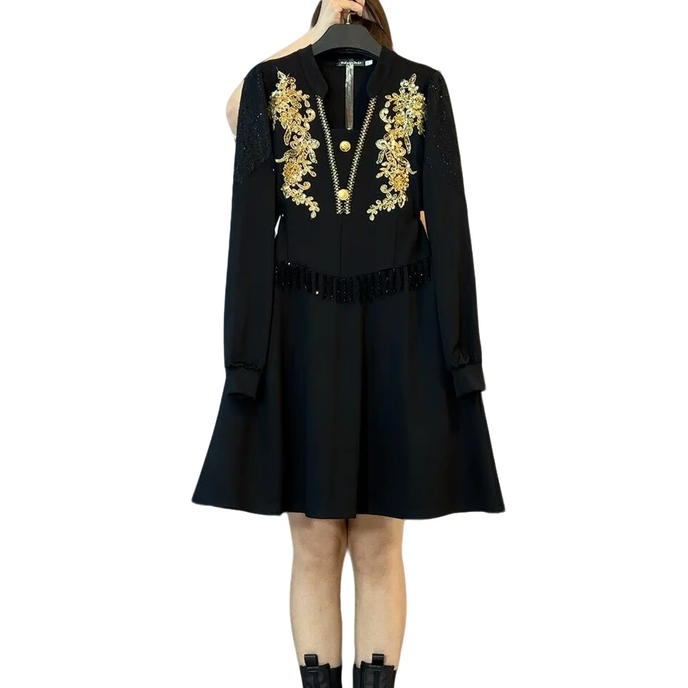 大维罗依YX新款大码刺绣亮片轻奢洋气气质连衣裙