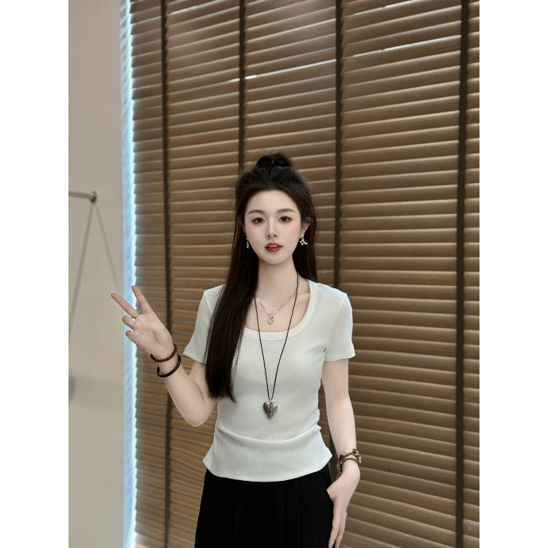 宿慕SUMU女士夏季U型领短袖T恤2025新款时尚修身百搭显瘦简约上衣