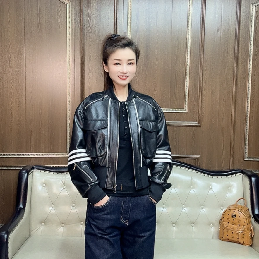 2025年春季百搭休闲时尚真皮绵羊皮女款棒球服