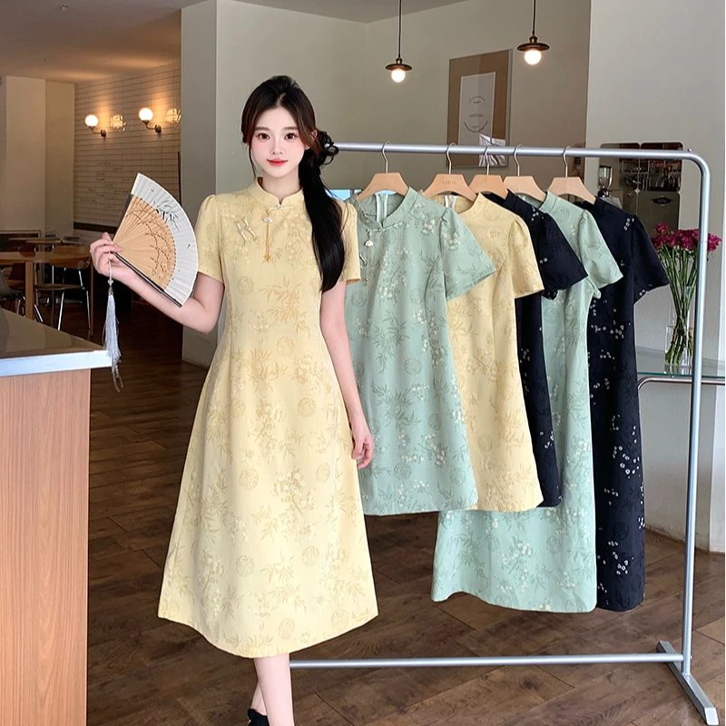 夏季新款大码胖mm国风新中式旗袍连衣裙女高级感收腰显瘦a字短裙