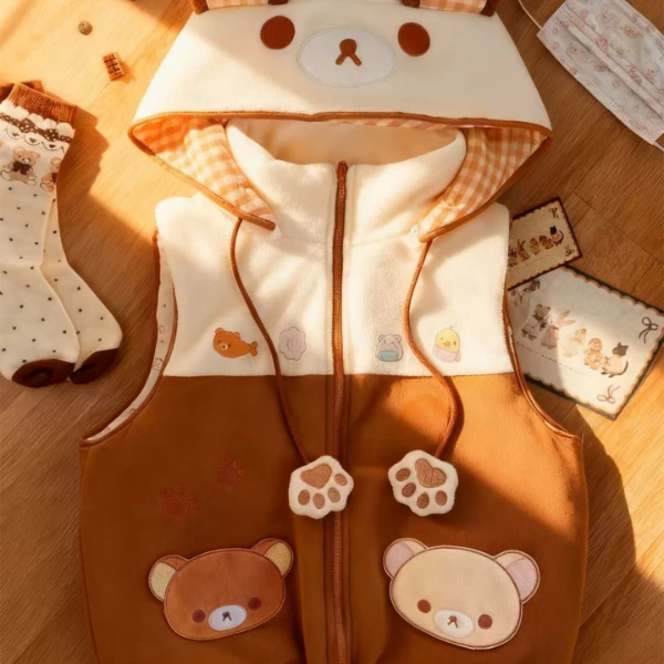 【小兔星球】轻松熊连帽双面两穿马甲毛绒保暖秋冬女儿服加绒内搭