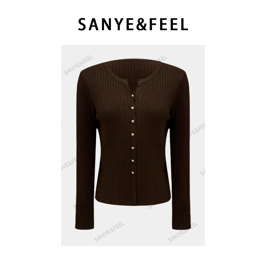 sanye&feel/妍三也【V领开衫】秋款纯色简约修身显瘦上衣53213YX