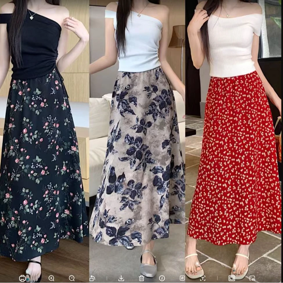 【松紧腰+内衬+拉链】8119夏季女装微胖显瘦大码碎花半身裙中长款