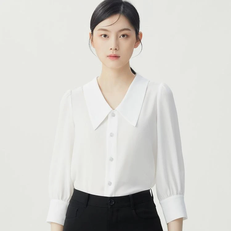 GIRDEAR/哥弟新款时髦简约高级感尖领舒适七分袖衬衫女士-1300920