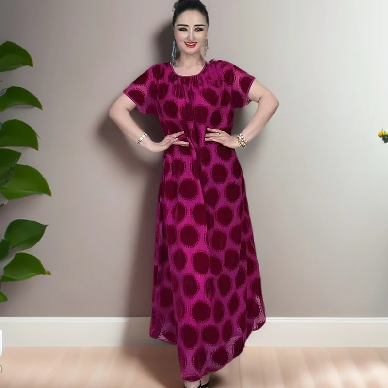 女士中长裙夏季显瘦宽松开叉印花连衣裙H型裙吸汗圆领金丝绒