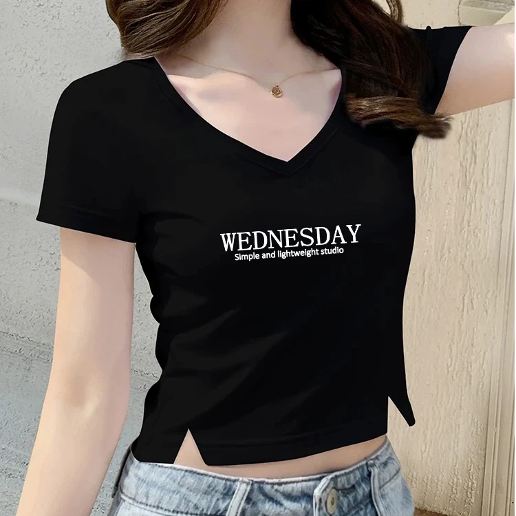 短款高腰上衣黑色修身开叉短袖露脐t恤女夏季时尚百搭小个子简约