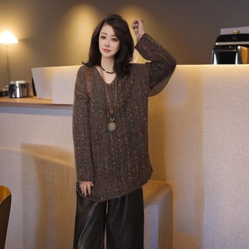 《清仓》时尚百搭宽松V领亮点彩球中长款毛衣2572