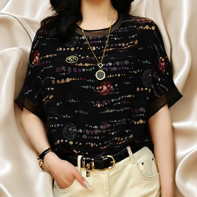 【碎花点】2025夏新款落肩袖带标志显瘦宽松时尚印花女短袖上衣8932