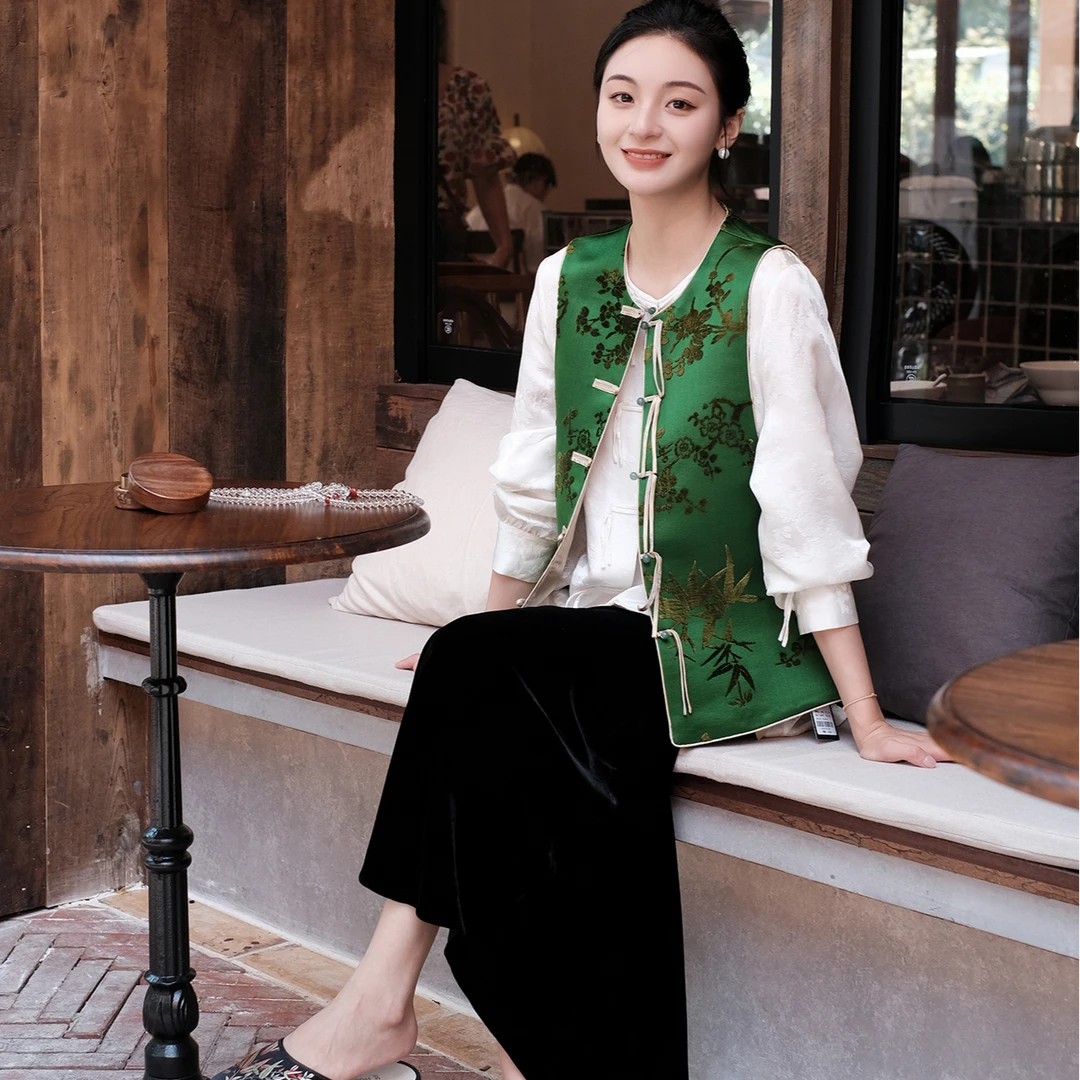 盛唐牡丹翠微绿底色梅兰竹菊漳缎马甲