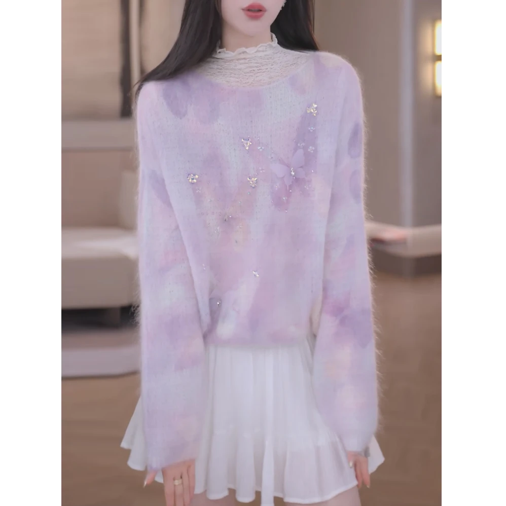 蝴蝶渐变马海毛软糯毛衣女秋季紫色针织衫2025新款休闲慵懒风上衣