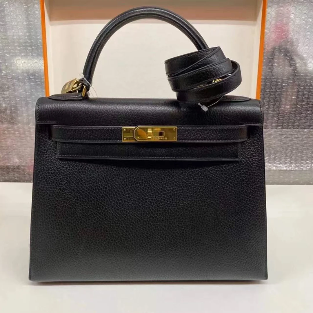 99新 Hermes/爱马仕 kelly32黑金阿登皮圈Y刻单肩包