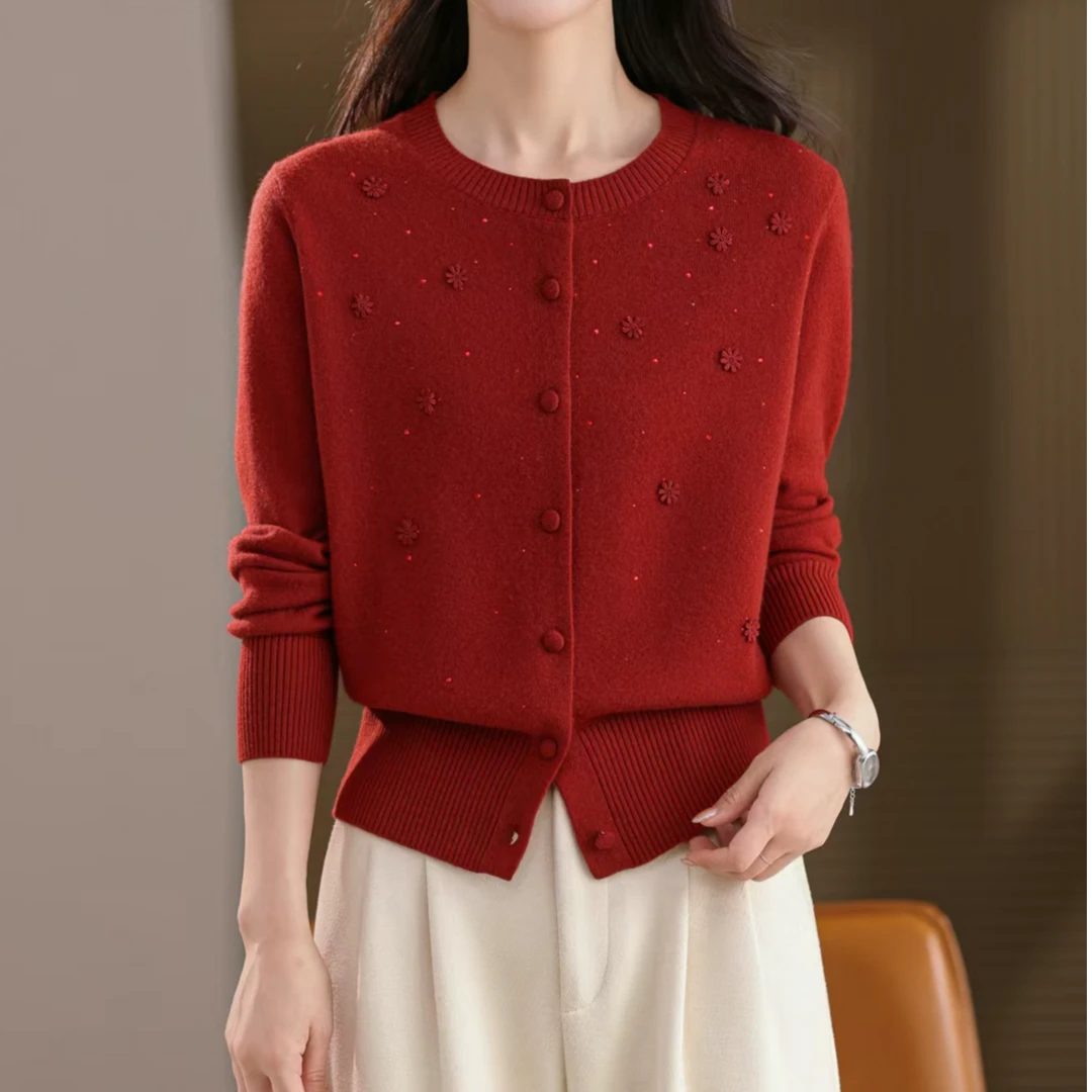 黛妍8823秋冬新款100%羊毛洋气减龄针织开衫桐乡毛衣女款2025新款