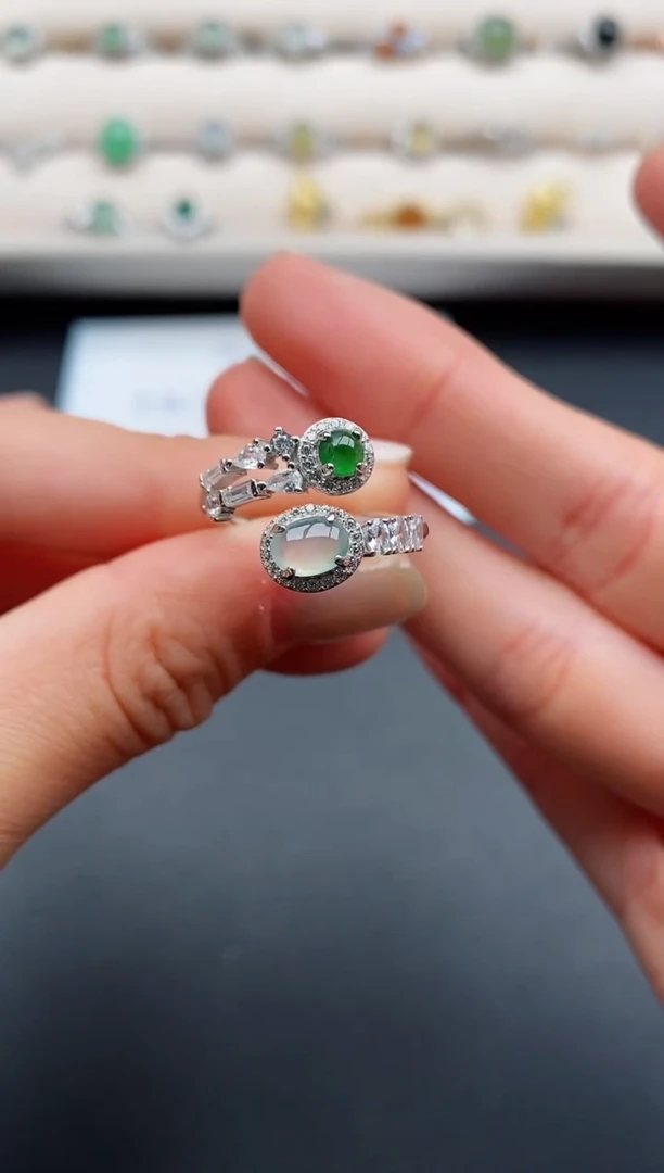 银S925镶嵌戒指翡翠缅甸天然A货翡翠33  2-8