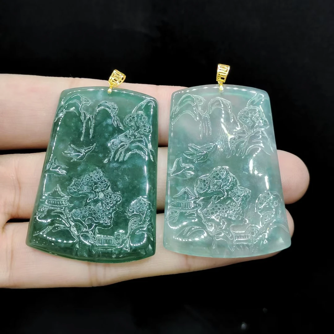 【老三珠宝】18k金翡翠山水牌吊坠赠链GS【多样性发其一】约44-30-2mm