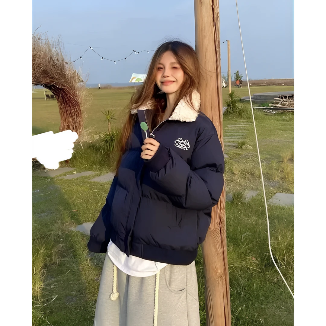 棉服女冬季2025新款韩系宽松加厚拼接藏青色短款减龄学生棉衣外套