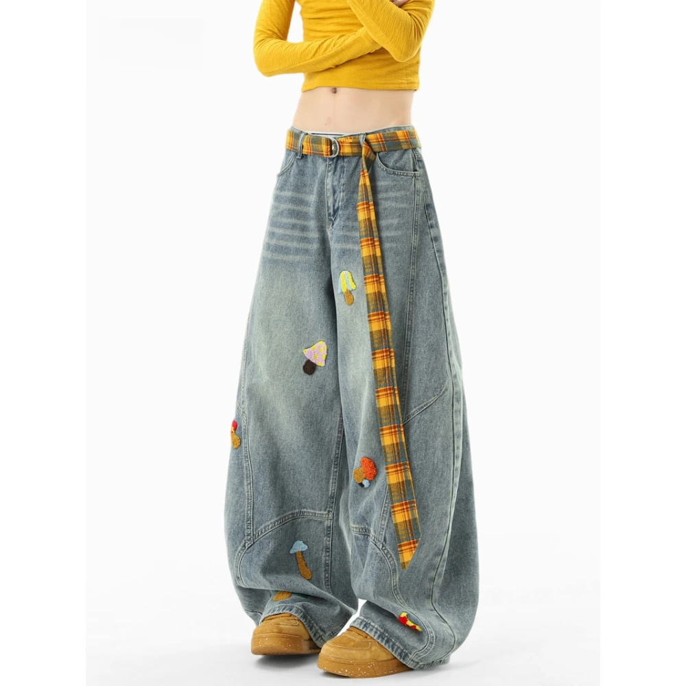 【送腰带】美式卡通毛巾绣弯刀牛仔裤女秋季小众设计感阔腿镰刀裤子