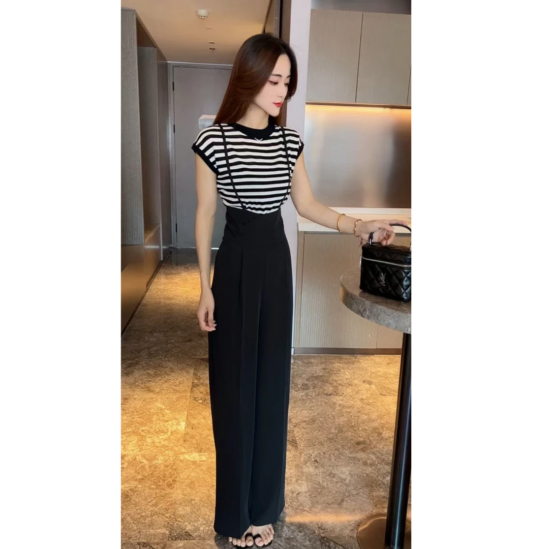 名媛风气质洋气半高领网纱拼接上衣女中长款显瘦背带阔腿裤长裤潮