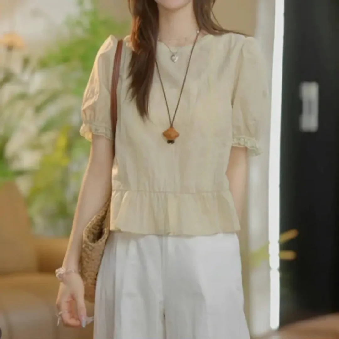 法式圆领蕾丝花边感棉布上衣女2025夏季新款休闲宽松绝美漂亮小衫