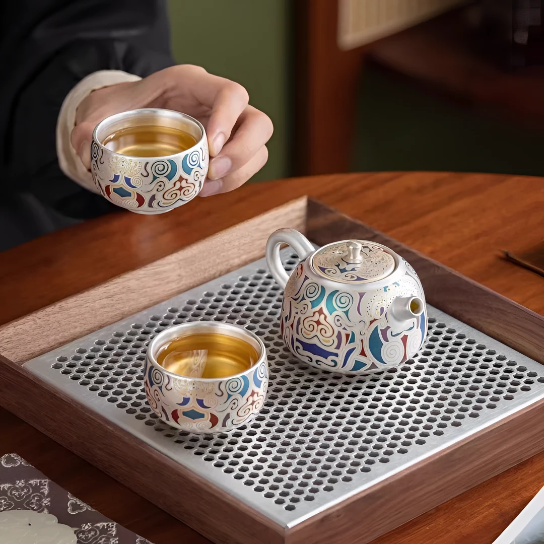 银山社瓷胎包银敦煌壶一壶两杯茶壶套装-礼盒装家用功夫茶具套装