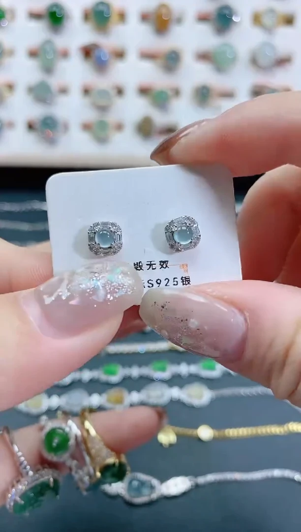 银S925镶嵌翡翠耳饰天然翡翠
