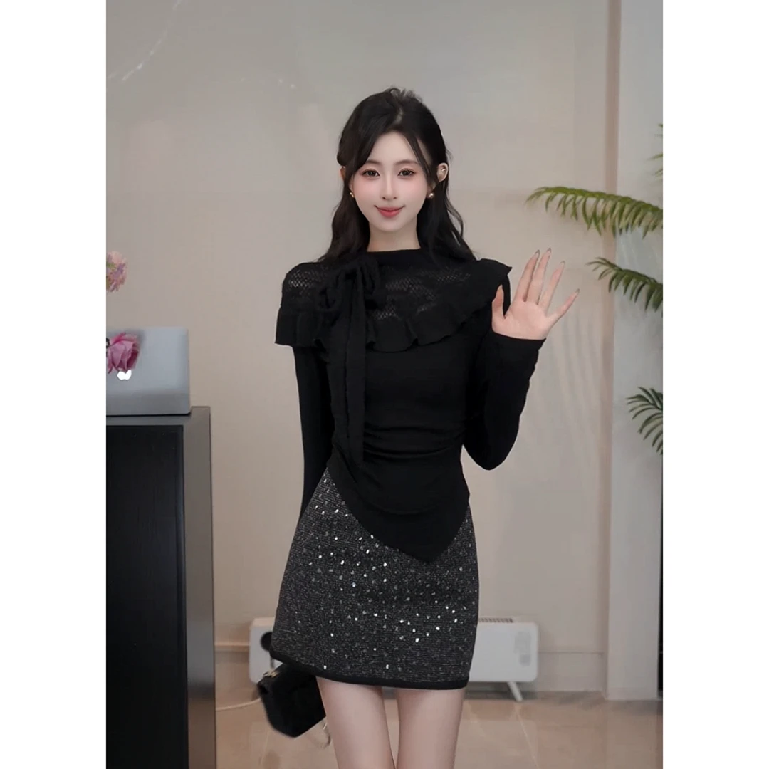 YUANLIANSU/圆脸酥【长谷听风】千金风蝴蝶结绑带拼接T恤上衣女秋季