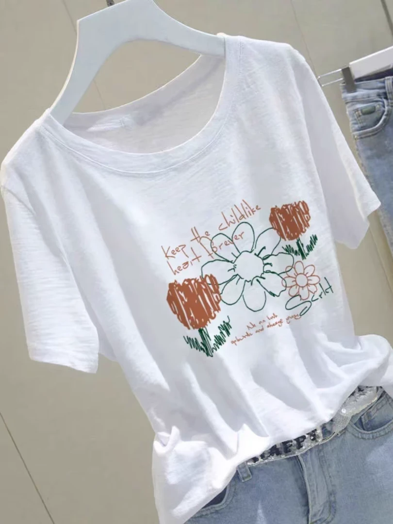 白色印花短袖T恤女2025新款夏季设计感宽松减龄上衣