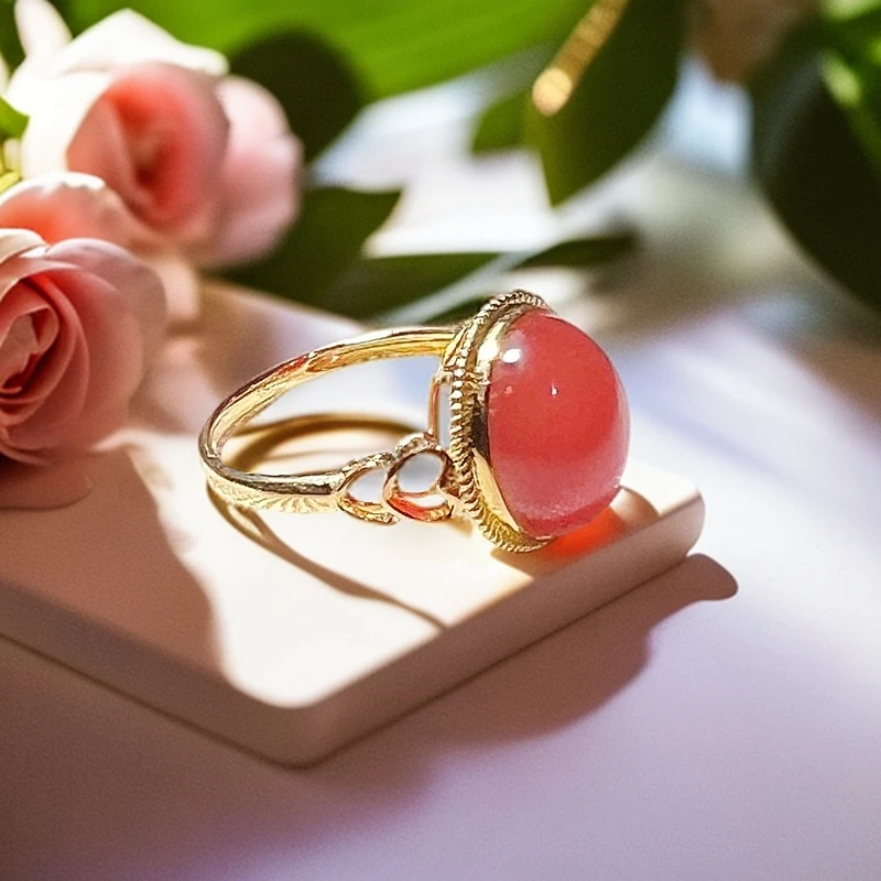 【钰曼珠宝】国风经典时尚南红蛋面18K金镶嵌戒指