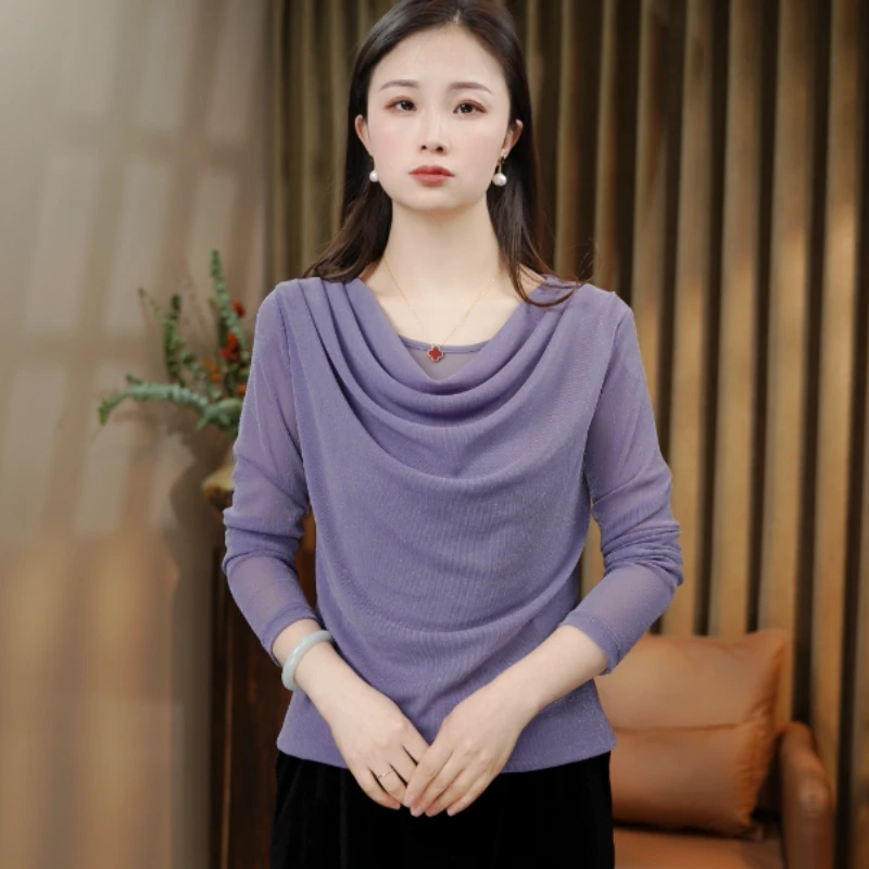 2025年春季新款时尚百搭女装气质显瘦堆堆领长袖女士打底衫08