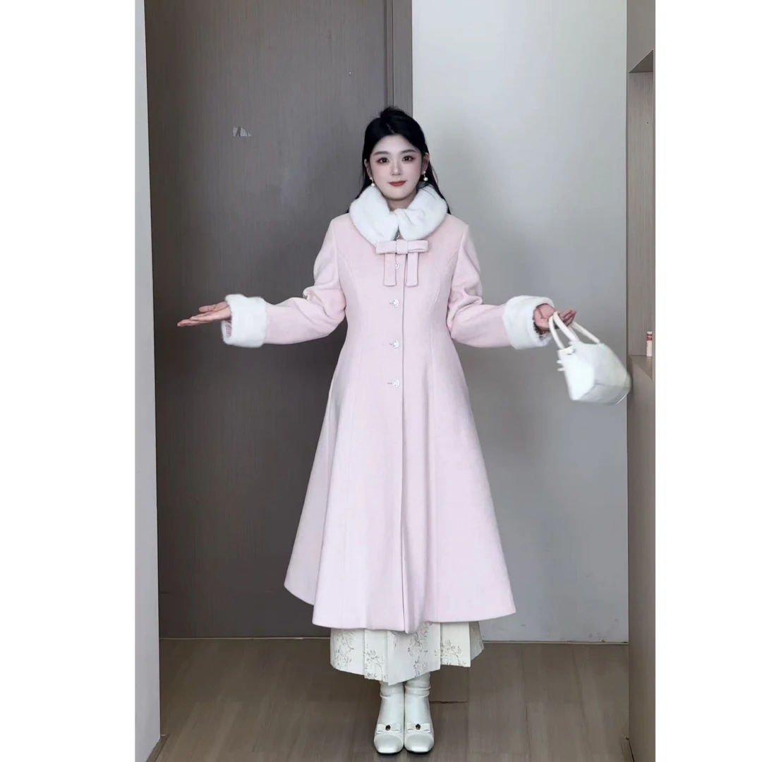 【香颂少女】大码女装胖mm冬翻领千金加绒呢子大衣收腰外套DM35349