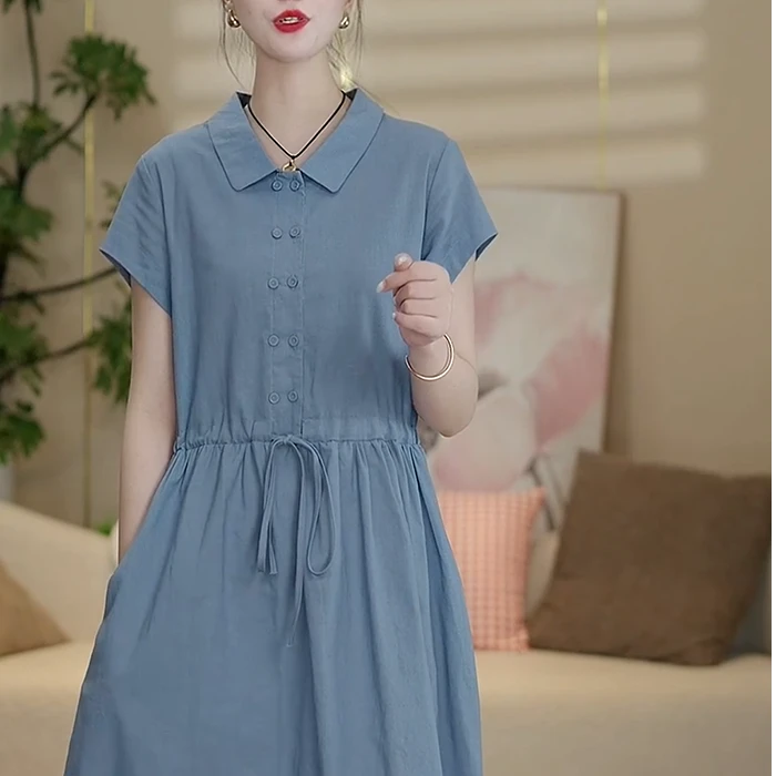 高级棉麻连衣裙女中长款2025夏季新款气质纯色显瘦裙子2682