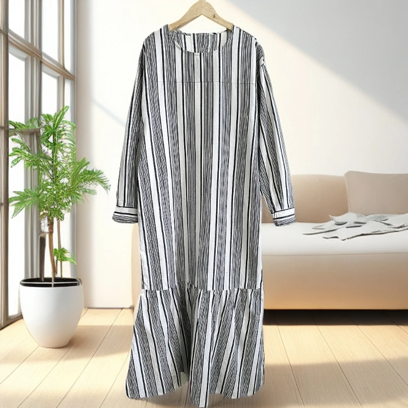 2025年日单春季灰色条纹拼接大长款棉麻长袖气质时尚宽松连衣裙