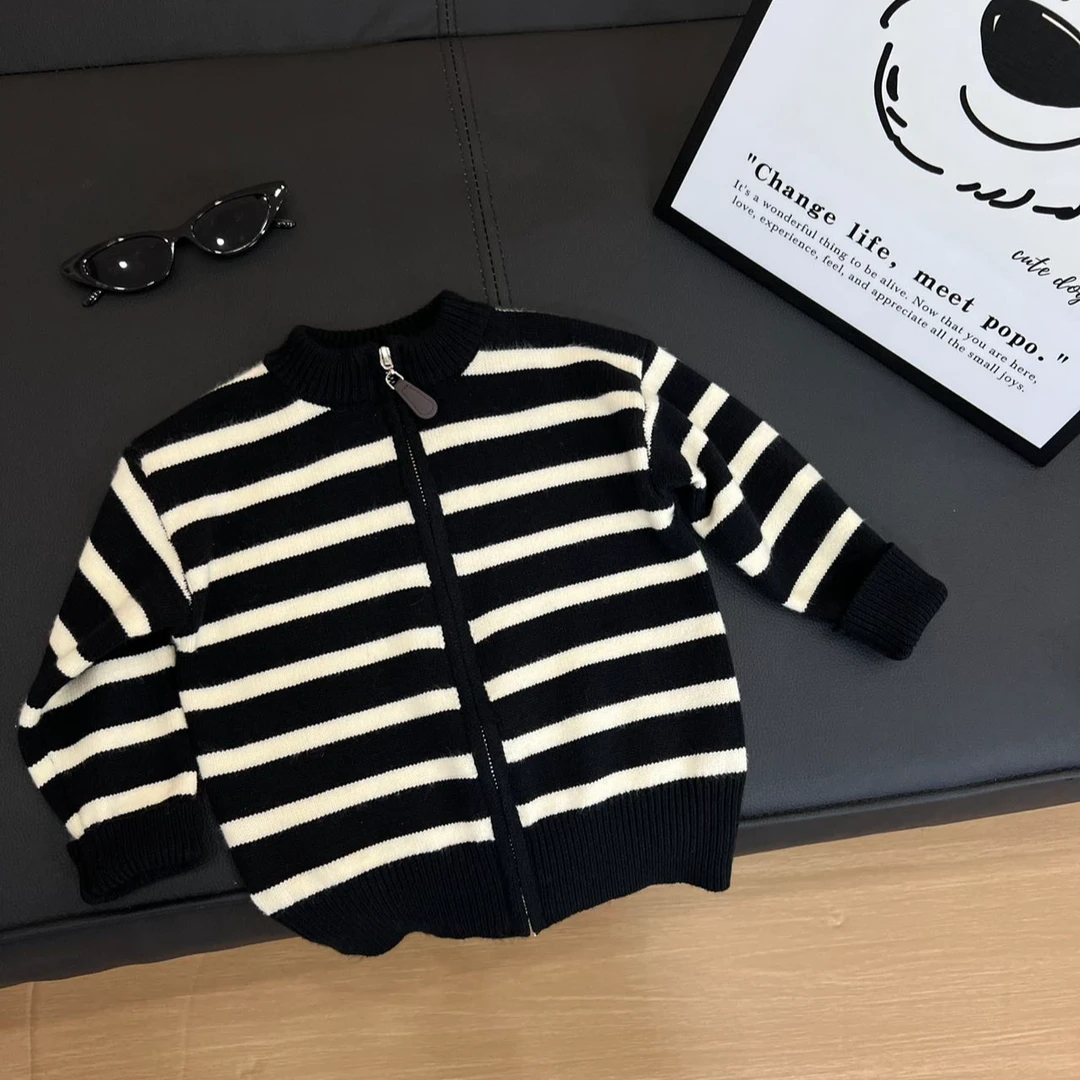儿童针织开衫秋冬季男女童外套经典条纹韩版洋气宝宝休闲上衣