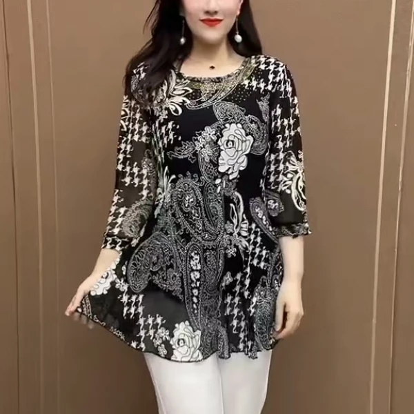 夏款雪纺衫百搭减龄中老年妈妈装2025新款复古印花大码女装打底衫
