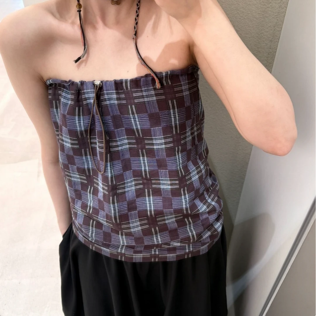 多巴胺紫色半身裙女夏季格纹直筒半裙设计感可两穿抹胸背心上衣潮